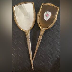 Vintage Gold-Tone Mirror and Brush Set with Pink Floral Accent